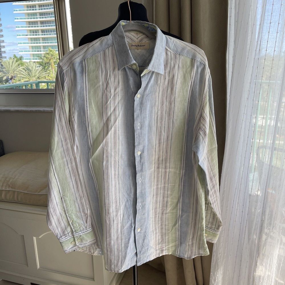 Tommy Bahama 100% Linen Striped Shirt Size Large